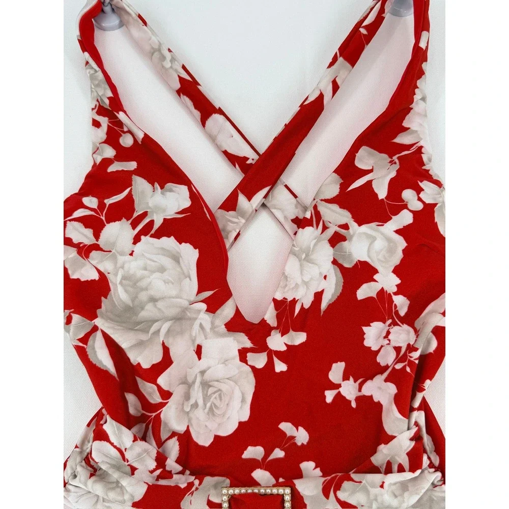 L'AGENCE Lisa Ikebana Floral Belted One Piece Swimsuit Red M - Picture 16 of 16